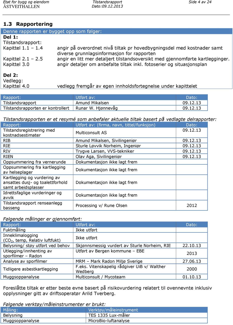 5 angir en litt mer detaljert tilstandsoversikt med gjennomførte kartlegginger. Kapittel 3.0 angir detaljer om anbefalte tiltak inkl. fotoserier og situasjonsplan Del 2: Vedlegg: Kapittel 4.