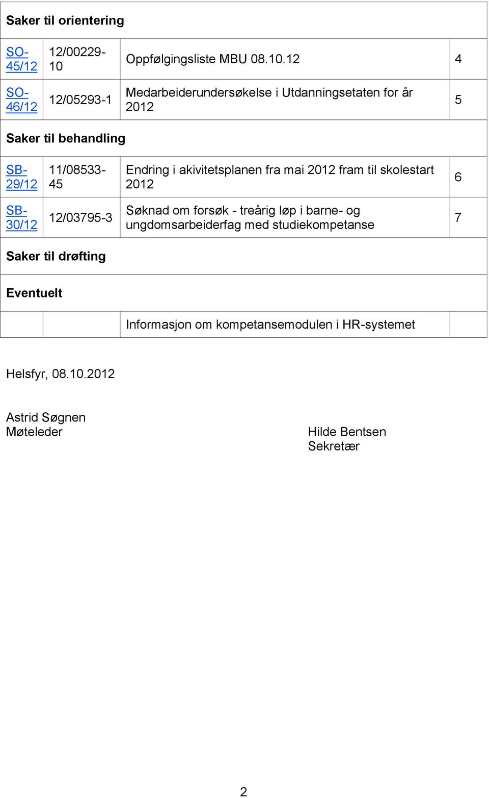 12 4 SO- 46/12 12/05293-1 Medarbeiderundersøkelse i Utdanningsetaten for år 2012 5 Saker til behandling SB- 29/12 11/08533-45