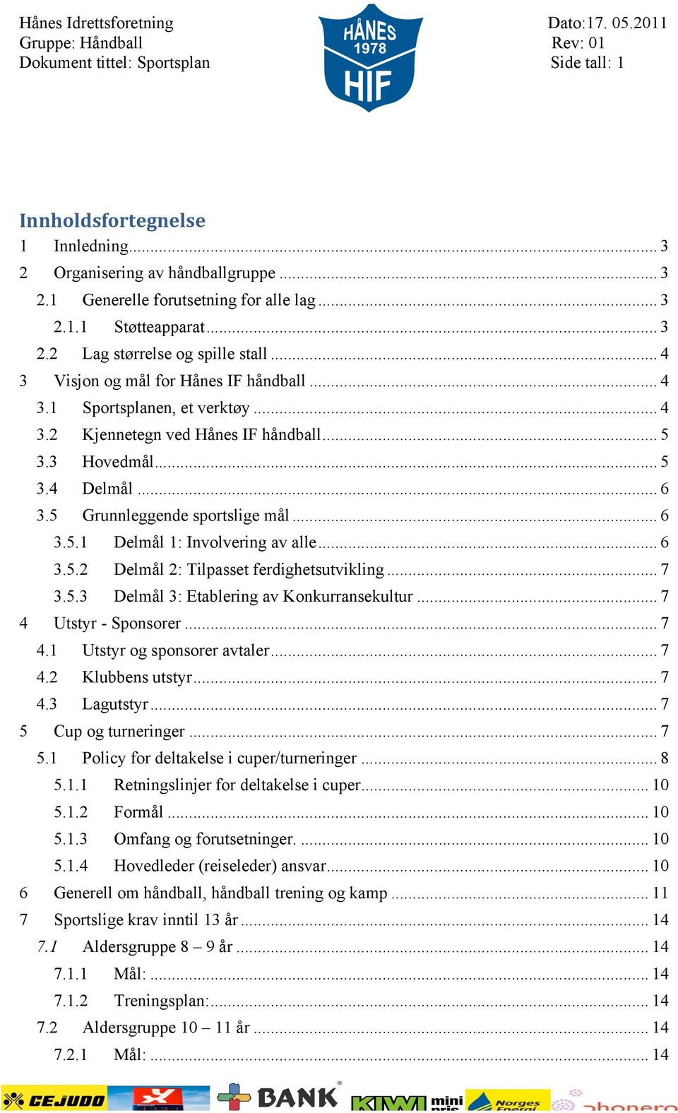 .. 6 3.5.2 Delmål 2: Tilpasset ferdighetsutvikling... 7 3.5.3 Delmål 3: Etablering av Konkurransekultur... 7 4 Utstyr - Sponsorer... 7 4.1 Utstyr og sponsorer avtaler... 7 4.2 Klubbens utstyr... 7 4.3 Lagutstyr.