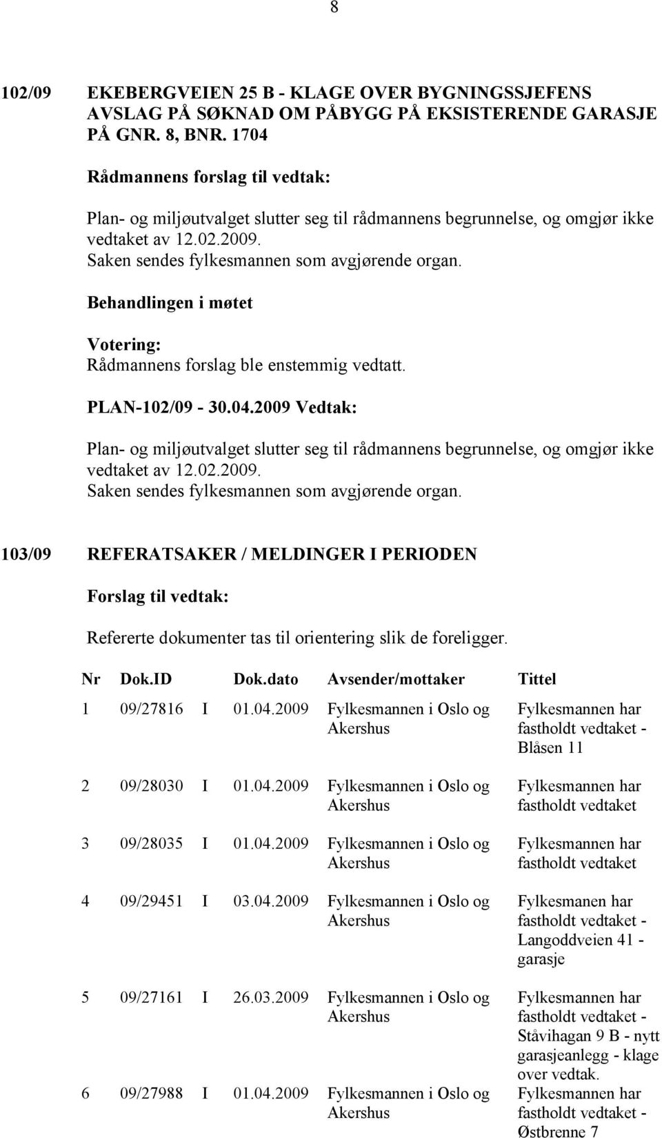 2009 Fylkesmannen i Oslo og Blåsen 11 2 09/28030 I 01.04.2009 Fylkesmannen i Oslo og 3 09/28035 I 01.04.2009 Fylkesmannen i Oslo og 4 09/29451 I 03.04.2009 Fylkesmannen i Oslo og 5 09/27161 I 26.03.2009 Fylkesmannen i Oslo og 6 09/27988 I 01.