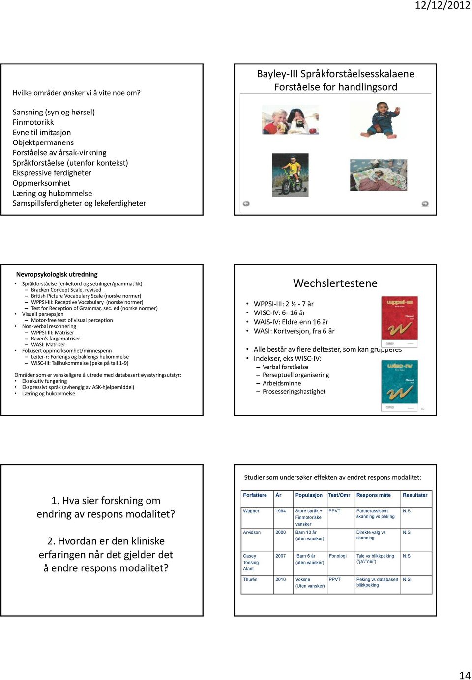 Ekspressive ferdigheter Oppmerksomhet Læring og hukommelse Samspillsferdigheter og lekeferdigheter Nevropsykologisk utredning Språkforståelse (enkeltord og setninger/grammatikk) Bracken Concept