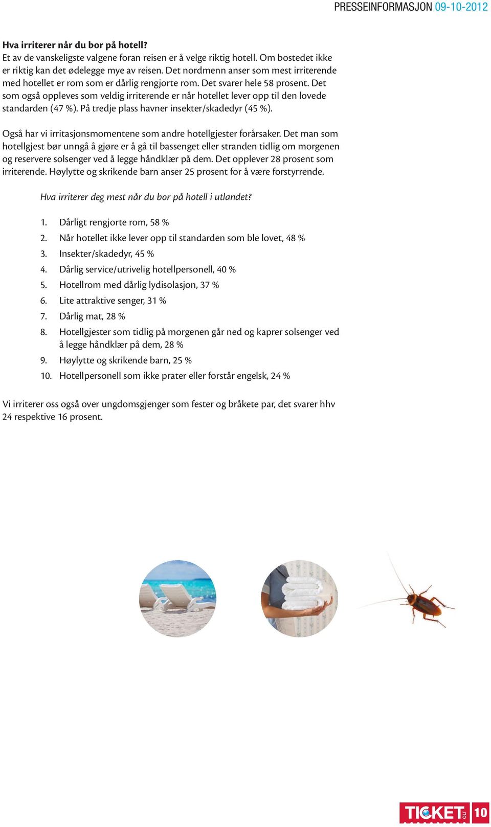 Det som også oppleves som veldig irriterende er når hotellet lever opp til den lovede standarden (47 %). På tredje plass havner insekter/skadedyr (45 %).