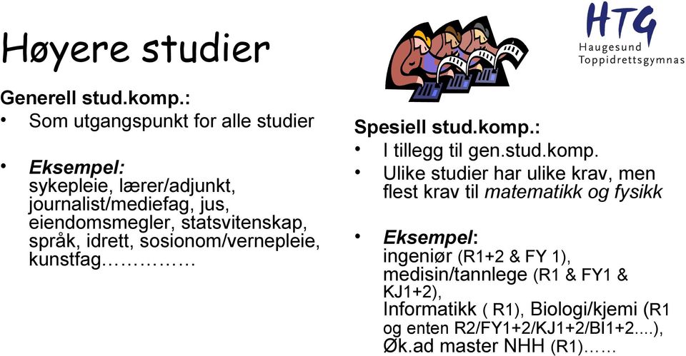 statsvitenskap, språk, idrett, sosionom/vernepleie, kunstfag Spesiell stud.komp.