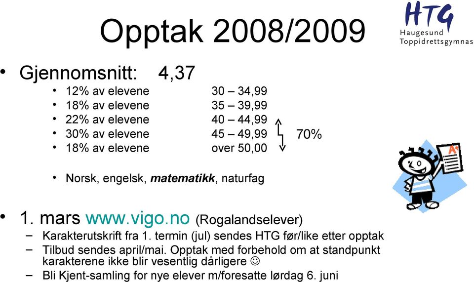 no (Rogalandselever) Karakterutskrift fra 1. termin (jul) sendes HTG før/like etter opptak Tilbud sendes april/mai.