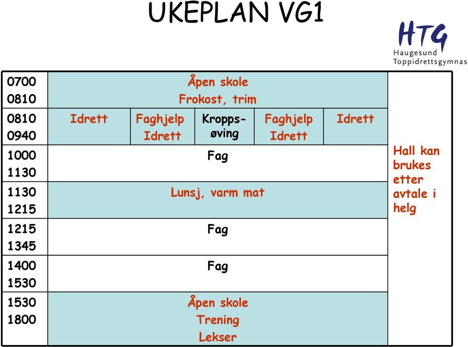 Lunsj, varm mat 121 134 Fag 1400 130 Fag 130 1800 Åpen skole