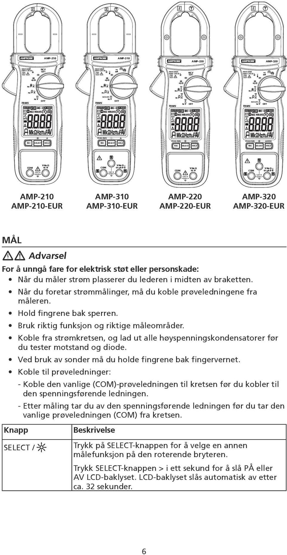 AMP-310-EUR AMP-220 AMP-220-EUR AMP-320 AMP-320-EUR MÅL W Advarsel For å unngå fare for elektrisk støt eller personskade: Når du måler strøm plasserer du lederen i midten av braketten.