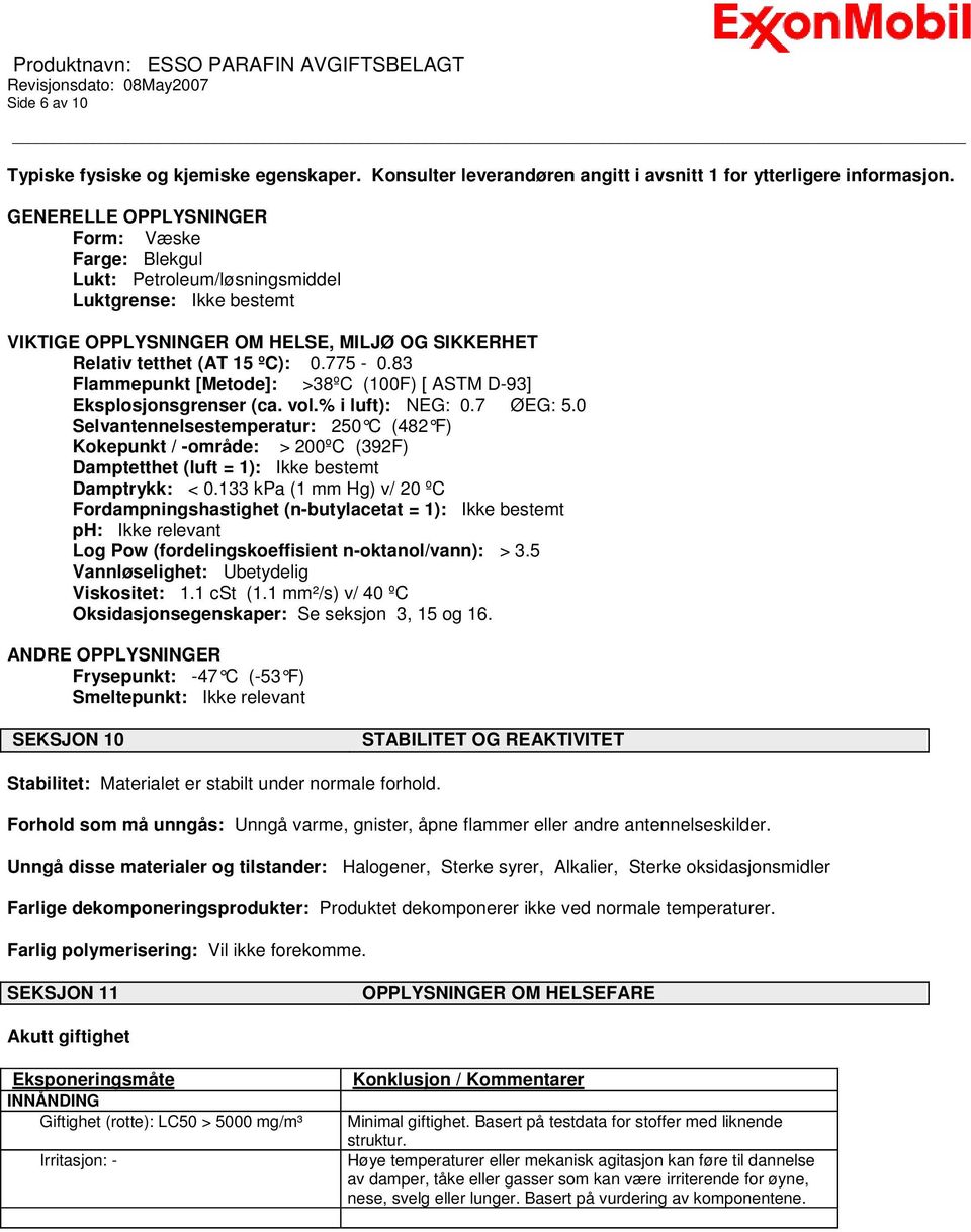 83 Flammepunkt [Metode]: >38ºC (100F) [ ASTM D-93] Eksplosjonsgrenser (ca. vol.% i luft): NEG: 0.7 ØEG: 5.