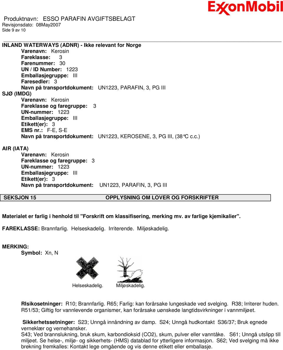 : F-E, S-E Navn på transportdokument: UN1223, KEROSENE, 3, PG III, (38 C c.