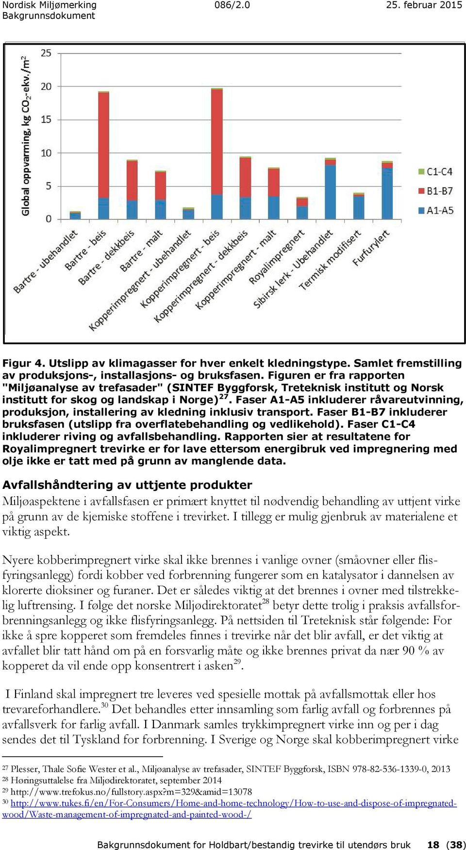 Faser A1-A5 inkluderer råvareutvinning, produksjon, installering av kledning inklusiv transport. Faser B1-B7 inkluderer bruksfasen (utslipp fra overflatebehandling og vedlikehold).