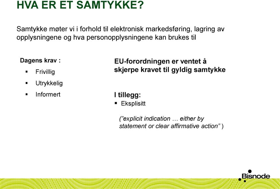 hva personopplysningene kan brukes til Dagens krav : Frivillig Utrykkelig Informert