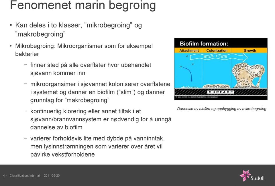 makrobegroing kontinuerlig klorering eller annet tiltak i et sjøvann/brannvannsystem er nødvendig for å unngå dannelse av biofilm Dannelse av biofilm og oppbygging