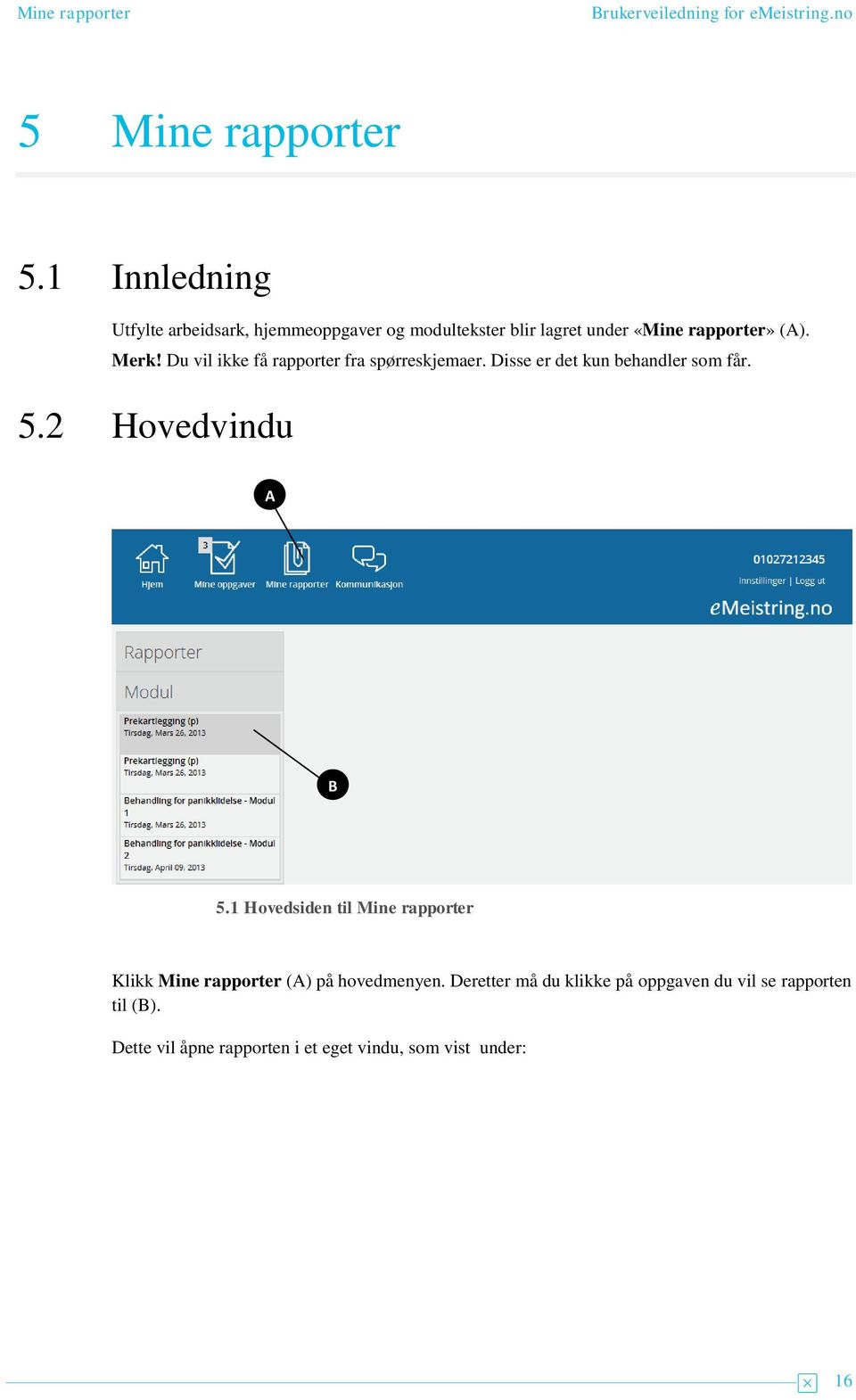 Du vil ikke få rapporter fra spørreskjemaer. Disse er det kun behandler som får. 5.2 Hovedvindu B 5.