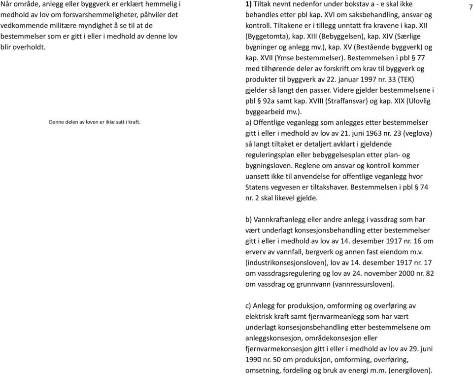 Tiltakene er i tillegg unntatt fra kravene i kap. XII (Byggetomta), kap. XIII (Bebyggelsen), kap. XIV (Særlige bygninger og anlegg mv.), kap. XV (Bestående byggverk) og kap. XVII (Ymse bestemmelser).