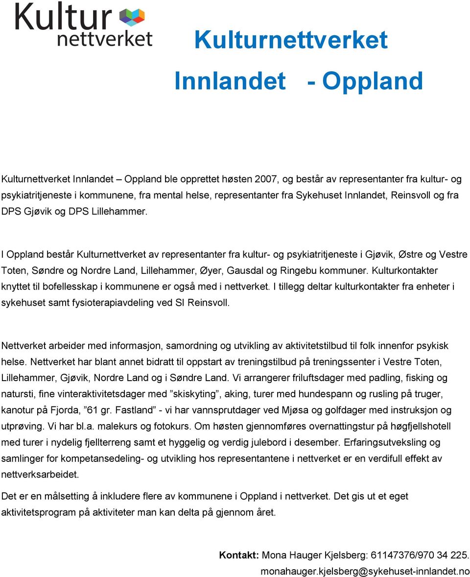 I Oppland består Kulturnettverket av representanter fra kultur- og psykiatritjeneste i Gjøvik, Østre og Vestre Toten, Søndre og Nordre Land, Lillehammer, Øyer, Gausdal og Ringebu kommuner.