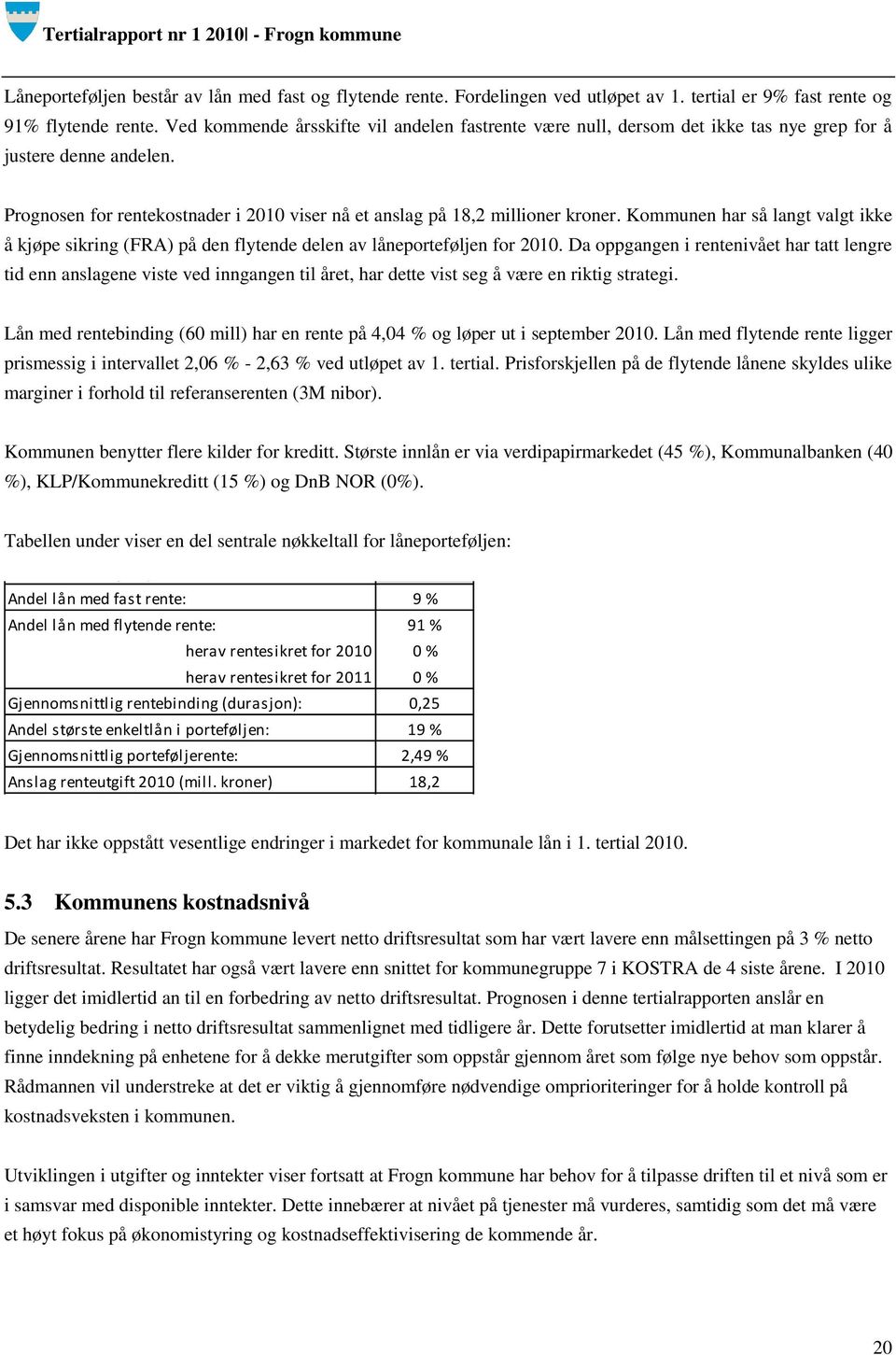 Kommunen har så langt valgt ikke å kjøpe sikring (FRA) på den flytende delen av låneporteføljen for 2010.