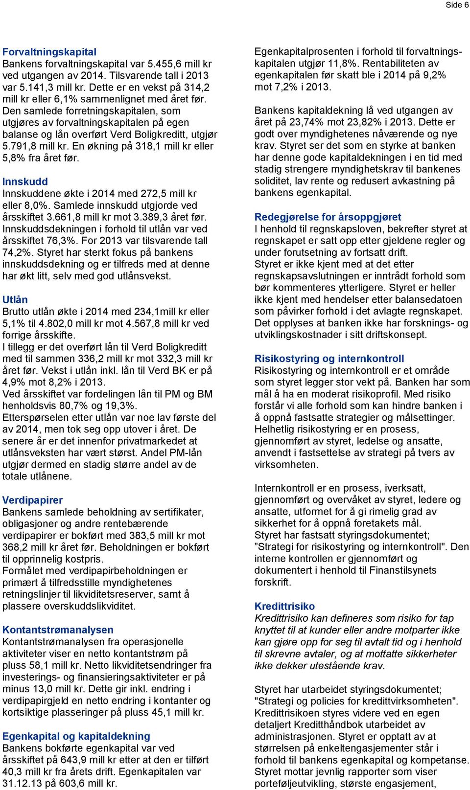 Den samlede forretningskapitalen, som utgjøres av forvaltningskapitalen på egen balanse og lån overført Verd Boligkreditt, utgjør 5.791,8 mill kr. En økning på 318,1 mill kr eller 5,8% fra året før.