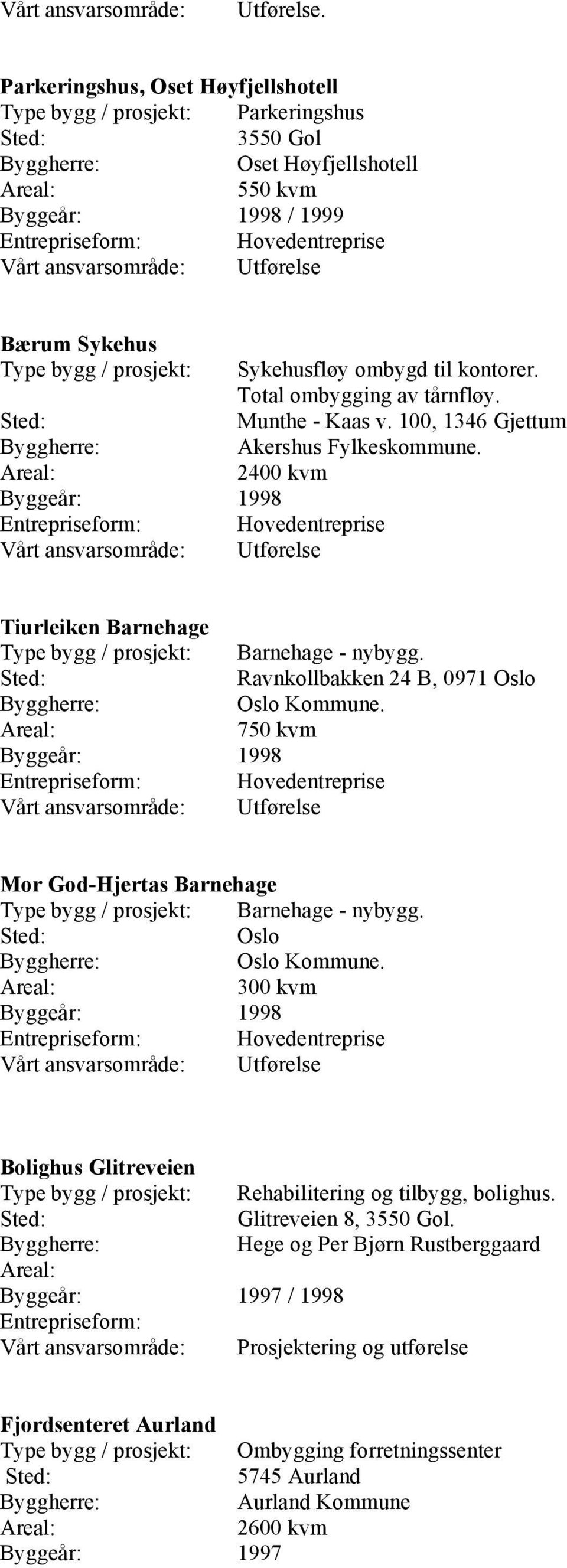 Total ombygging av tårnfløy. Munthe - Kaas v. 100, 1346 Gjettum Akershus Fylkeskommune. 2400 kvm Byggeår: 1998 Tiurleiken Barnehage Type bygg / prosjekt: Barnehage - nybygg.