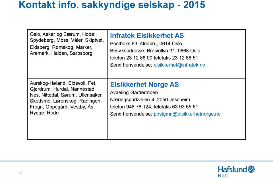 Postboks 63, Alnabru, 0614 Oslo Besøksadresse: Breivollvn 31, 0668 Oslo telefon 23 12 88 00 telefaks 23 12 88 51 Send henvendelse: elsikkerhet@infratek.