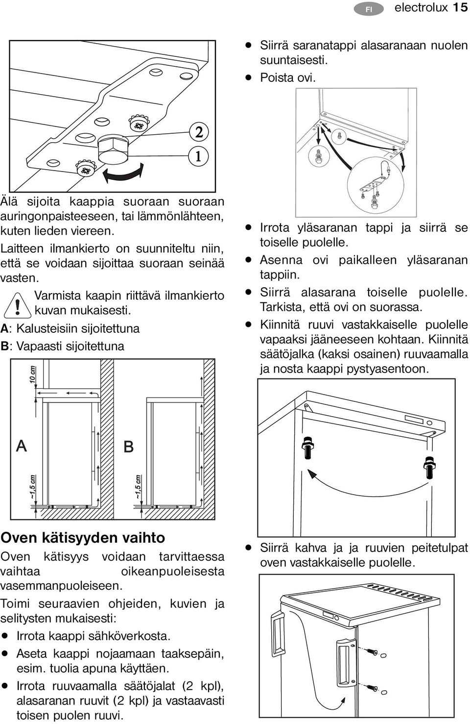 A: Kalusteisiin sijoitettuna B: Vapaasti sijoitettuna Irrota yläsaranan tappi ja siirrä se toiselle puolelle. Asenna ovi paikalleen yläsaranan tappiin. Siirrä alasarana toiselle puolelle.