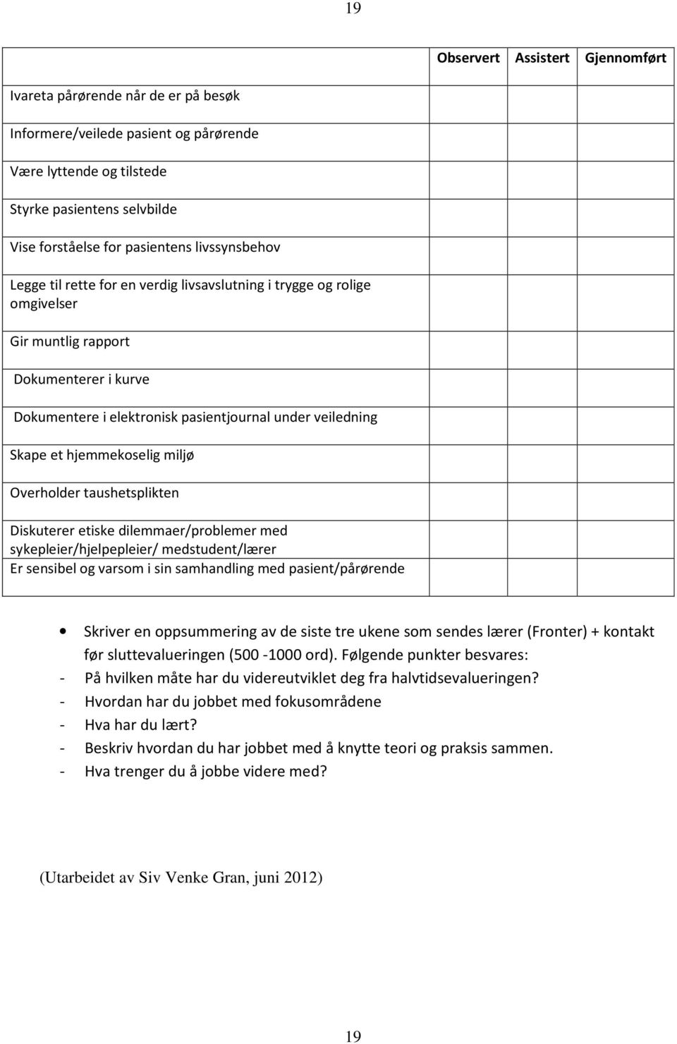 hjemmekoselig miljø Overholder taushetsplikten Diskuterer etiske dilemmaer/problemer med sykepleier/hjelpepleier/ medstudent/lærer Er sensibel og varsom i sin samhandling med pasient/pårørende