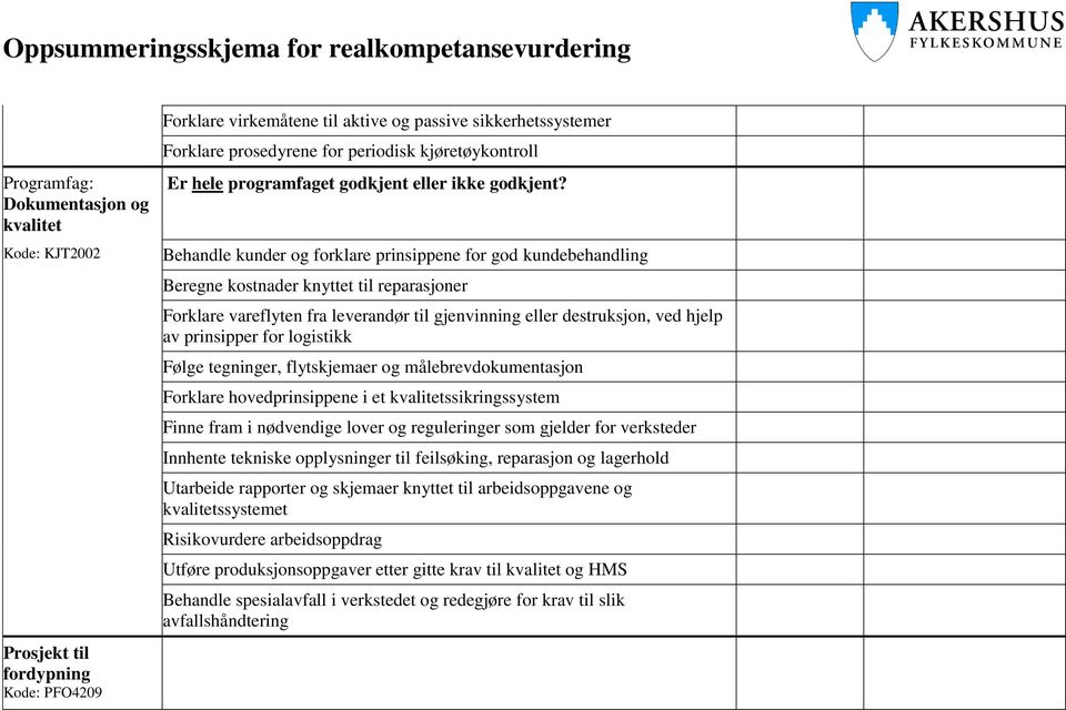 prinsipper for logistikk Følge tegninger, flytskjemaer og målebrevdokumentasjon Forklare hovedprinsippene i et kvalitetssikringssystem Finne fram i nødvendige lover og reguleringer som gjelder for