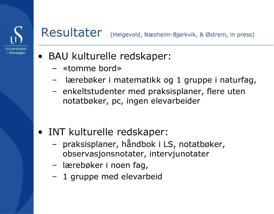 uten notatbøker, pc, ingen elevarbeider INT kulturelle redskaper: praksisplaner, håndbok i LS,