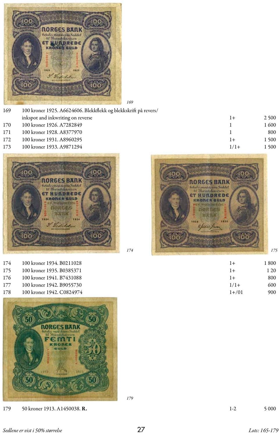 A7282849 1 1 600 171 100 kroner 1928. A8377970 1 800 172 100 kroner 1931. A8960295 1+ 1 500 173 100 kroner 1933.