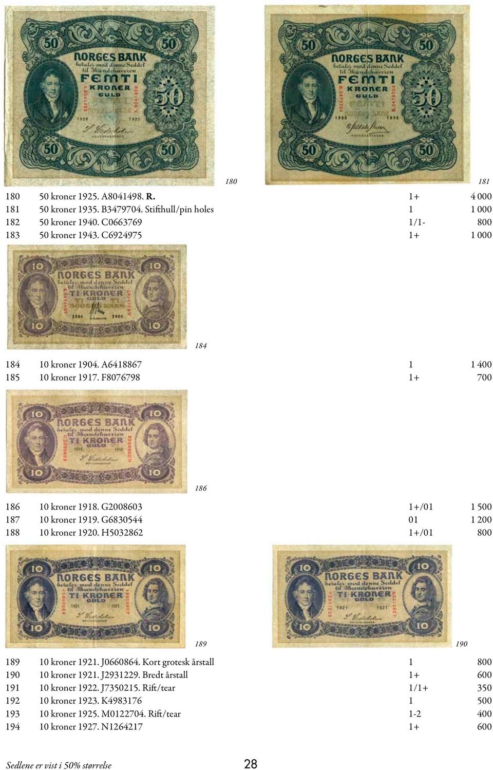 G6830544 01 1 200 188 10 kroner 1920. H5032862 1+/01 800 189 190 189 10 kroner 1921. J0660864. Kort grotesk årstall 1 800 190 10 kroner 1921. J2931229.