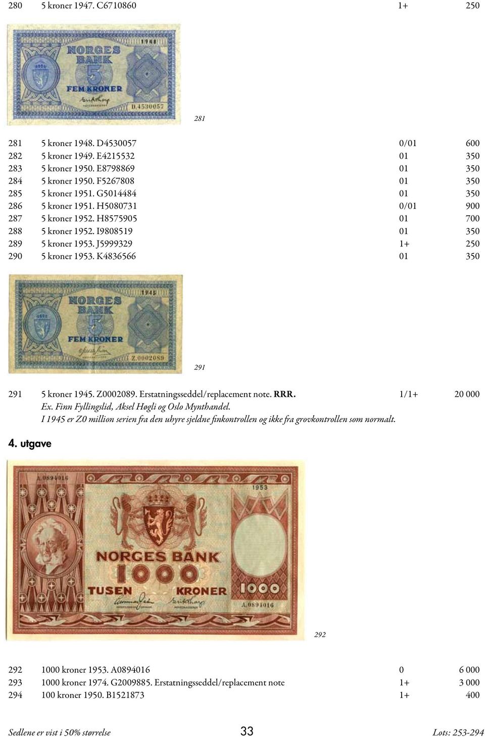 K4836566 01 350 291 291 5 kroner 1945. Z0002089. Erstatningsseddel/replacement note. RRR. 1/1+ 20 000 Ex. Finn Fyllingslid, Aksel Høgli og Oslo Mynthandel.