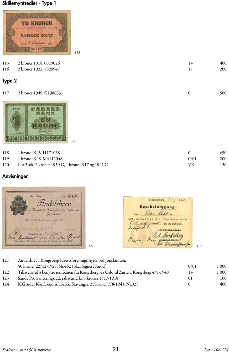 2 kroner 1950 G, 1 krone 1917 og 1941 C VK 150 Anvisninger 121 122 121 Andelsbrev i Kongsberg Idrettsforenings hytte ved Jonsknuten, 50 kroner 22/12-1928. Nr.462 (bl.a.