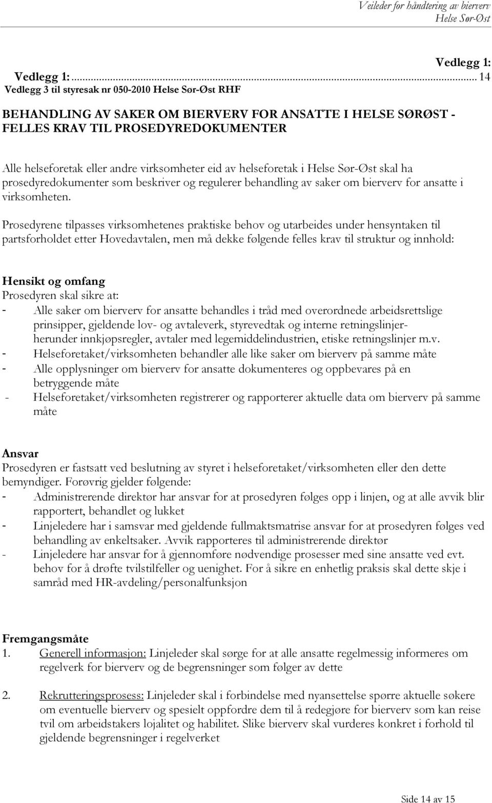 helseforetak i skal ha prosedyredokumenter som beskriver og regulerer behandling av saker om bierverv for ansatte i virksomheten.