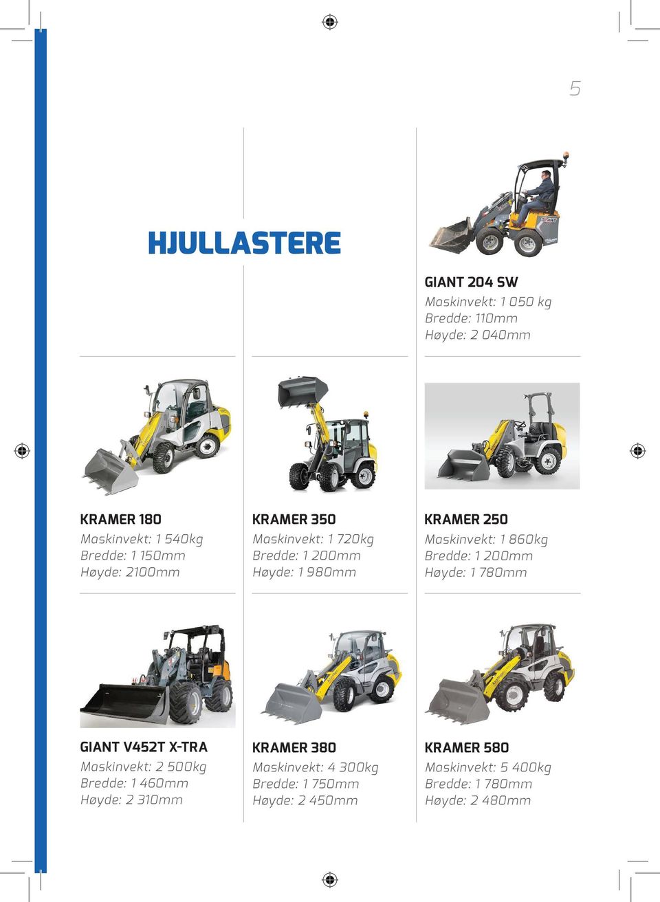 Maskinvekt: 1 860kg Bredde: 1 200mm Høyde: 1 780mm Giant V452T X-tra Maskinvekt: 2 500kg Bredde: 1 460mm Høyde: 2