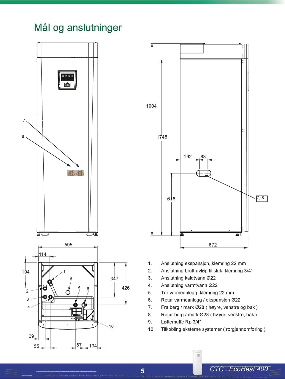 Anslutning kaldtvann Ø22 4. Anslutning varmtvann Ø22 5. Tur varmeanlegg, klemring 22 mm 6.