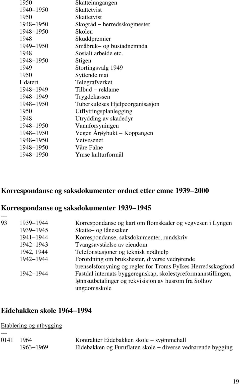 1948 Utrydding av skadedyr 1948 1950 Vannforsyningen 1948 1950 Vegen Årøybukt Koppangen 1948 1950 Veivesenet 1948 1950 Våre Falne 1948 1950 Ymse kulturformål Korrespondanse og saksdokumenter ordnet