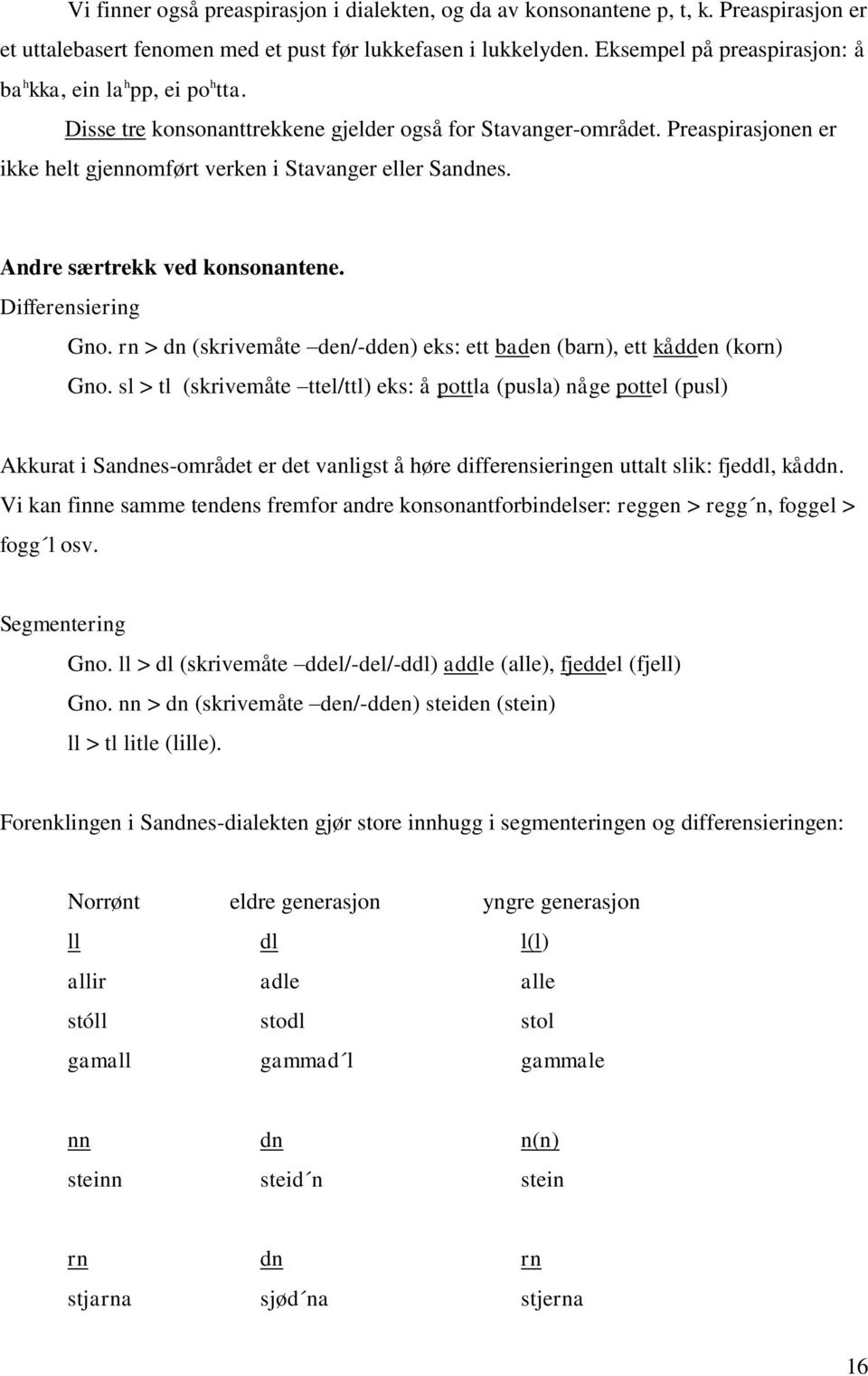 Preaspirasjonen er ikke helt gjennomført verken i Stavanger eller Sandnes. Andre særtrekk ved konsonantene. Differensiering Gno.