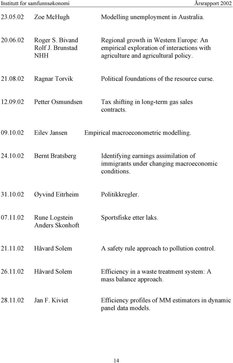 02 Petter Osmundsen Tax shifting in long-term gas sales contracts. 09.10.02 Eilev Jansen Empirical macroeconometric modelling. 24.10.02 Bernt Bratsberg Identifying earnings assimilation of immigrants under changing macroeconomic conditions.