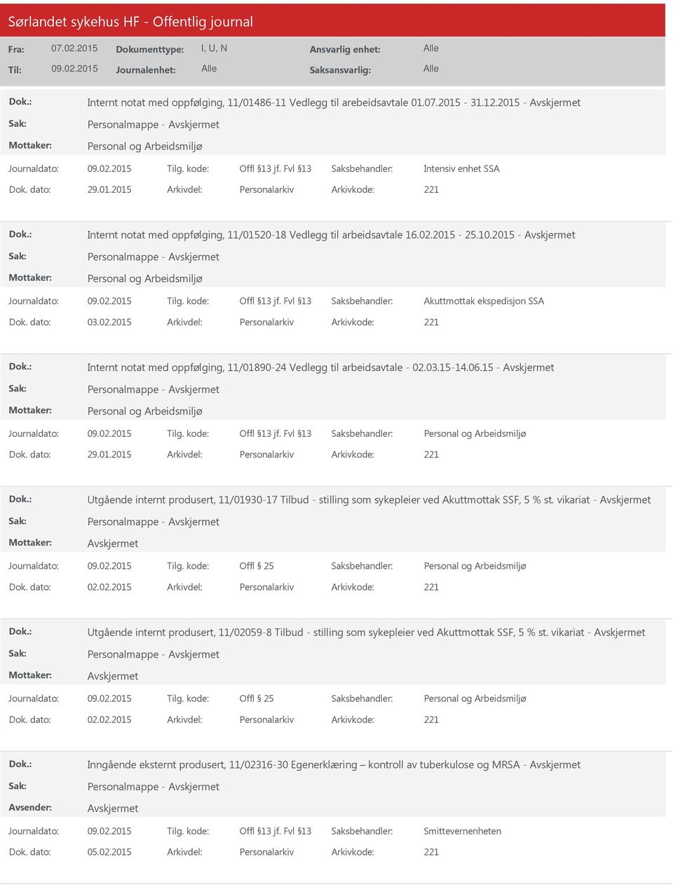 15 - Personalmappe - 29.01.2015 Personalarkiv 221 tgående internt produsert, 11/01930-17 Tilbud - stilling som sykepleier ved Akuttmottak SSF, 5 % st. vikariat - Personalmappe - 02.