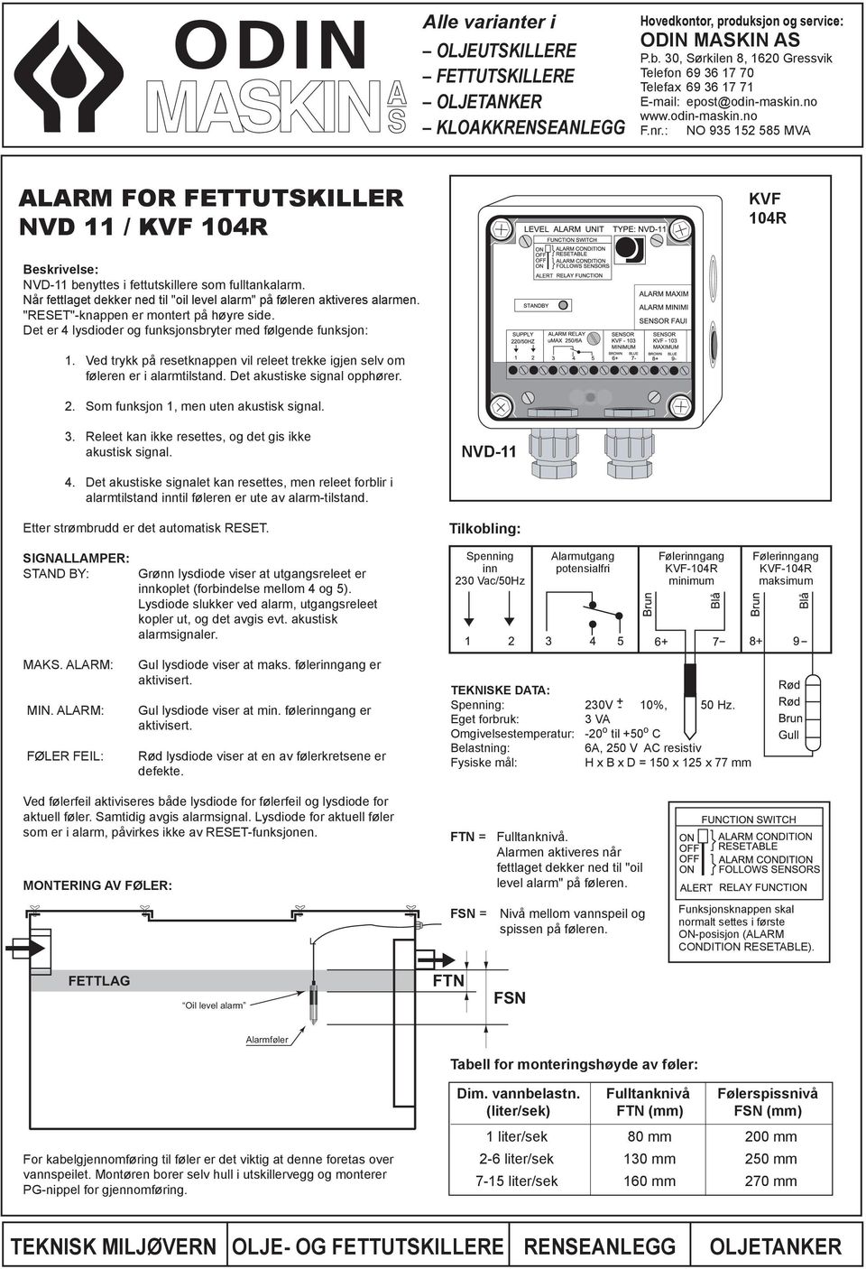 : NO 935 152 585 MVA ALARM FOR FETTUTSKILLER NVD 11 / KVF 104R KVF 104R Beskrivelse: NVD-11 benyttes i fettutskillere som fulltankalarm.