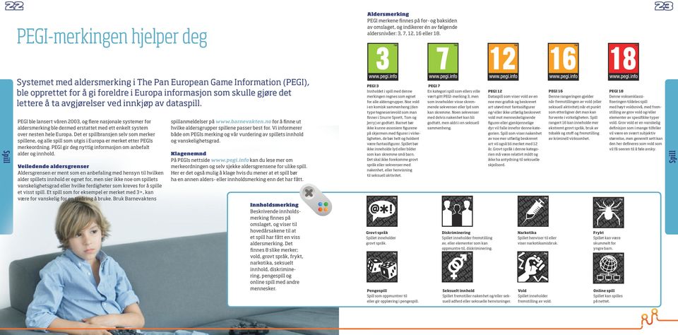 Det er spillbransjen selv som merker spillene, og alle spill som utgis i Europa er merket etter PEGIs merkeordning. PEGI gir deg nyttig informasjon om anbefalt alder og innhold.