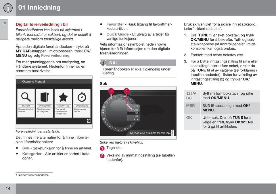 Quick Guide - Et utvalg av artikler for vanlige funksjoner. Velg informasjonssymbolet nede i høyre hjørne for å få informasjon om den digitale førerveiledningen.