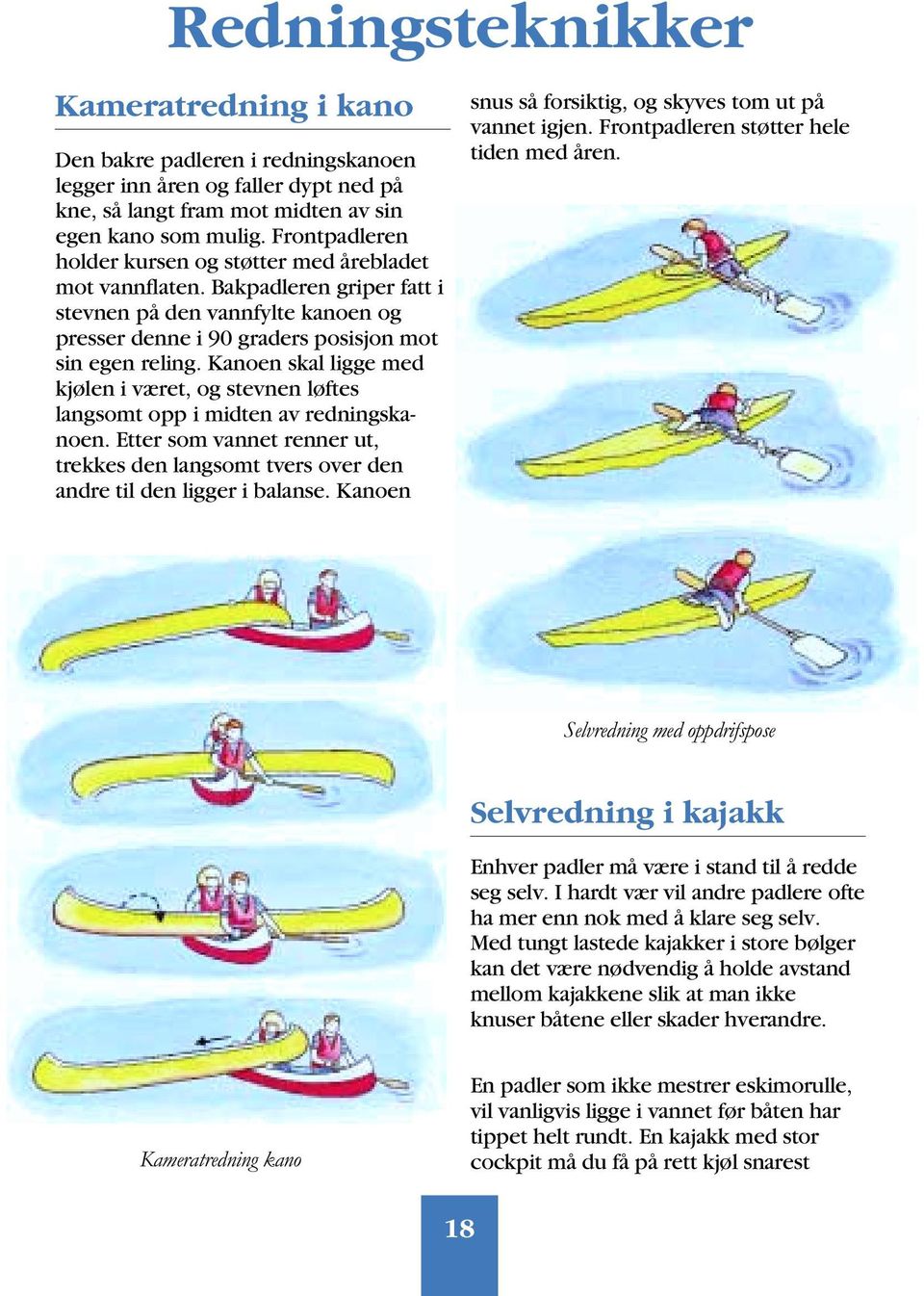 Kanoen skal ligge med kjølen i været, og stevnen løftes langsomt opp i midten av redningskanoen. Etter som vannet renner ut, trekkes den langsomt tvers over den andre til den ligger i balanse.