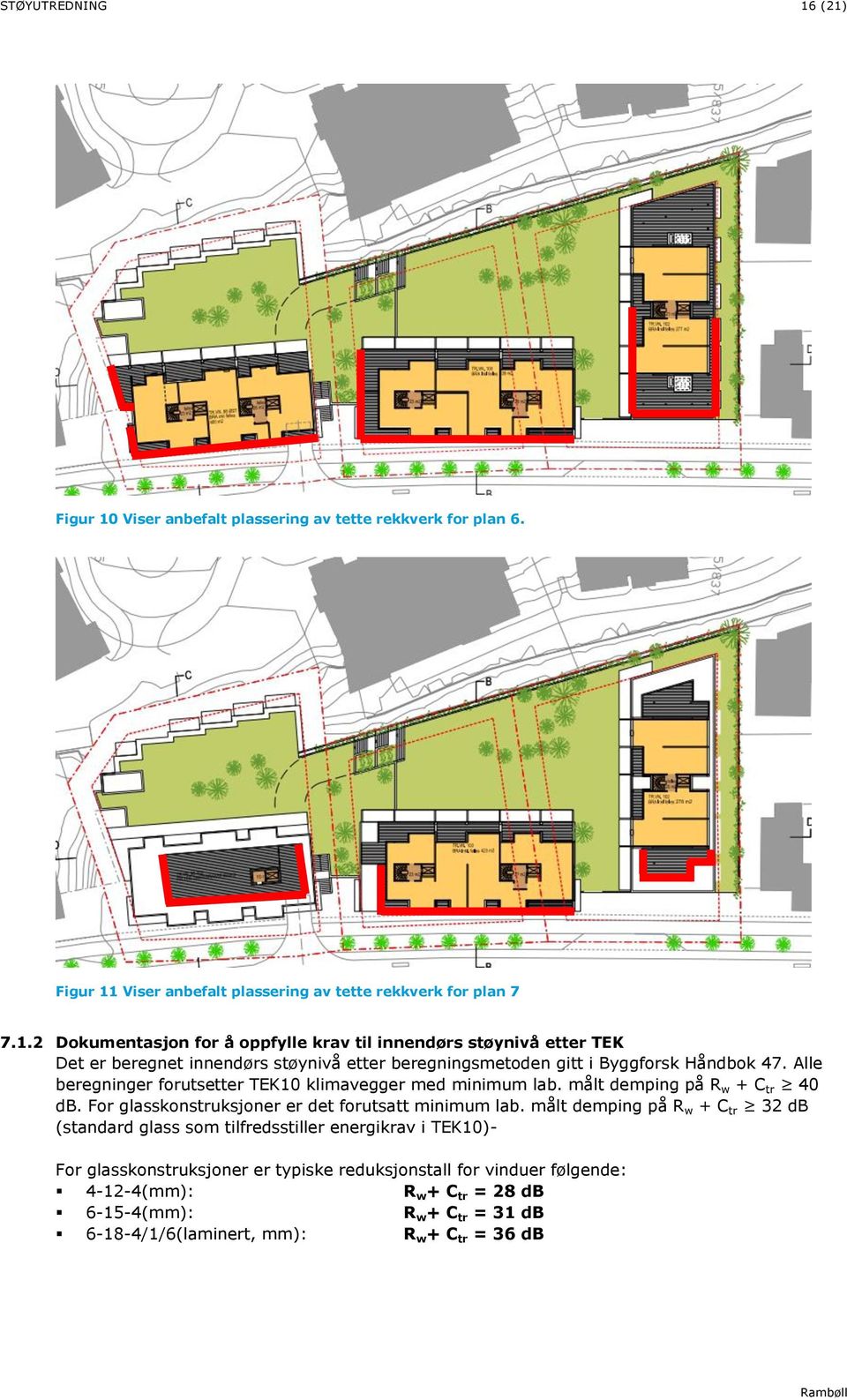 målt demping på R w + C tr 32 db (standard glass som tilfredsstiller energikrav i TEK10)- For glasskonstruksjoner er typiske reduksjonstall for vinduer følgende: 4-12-4(mm): R w + C