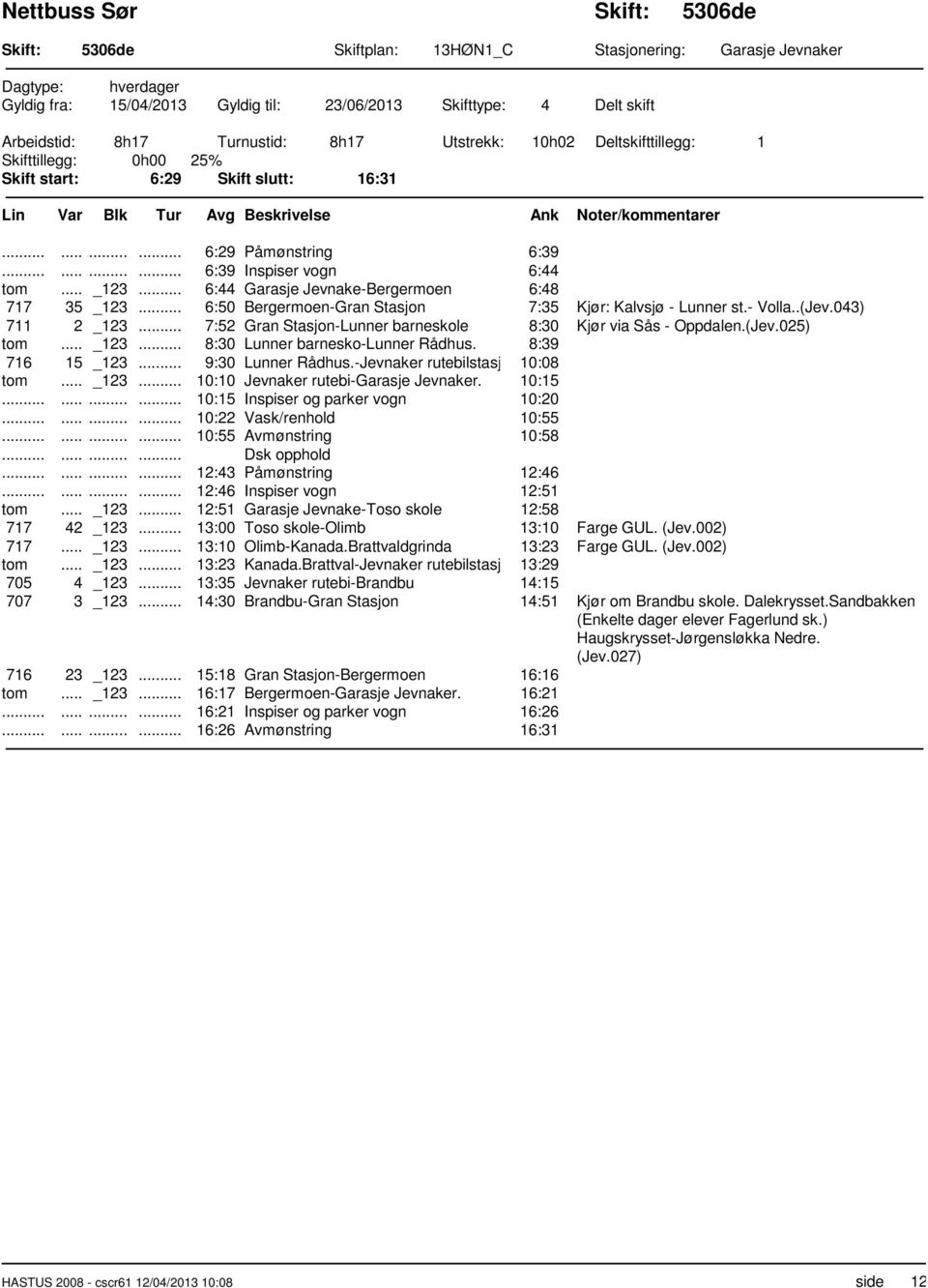 .. 6:50 Bergermoen-Gran Stasjon 7:35 Kjør: Kalvsjø - Lunner st.- Volla..(Jev.043) 711 2 _123... 7:52 Gran Stasjon-Lunner barneskole 8:30 Kjør via Sås - Oppdalen.(Jev.025) tom... _123... 8:30 Lunner barnesko-lunner Rådhus.