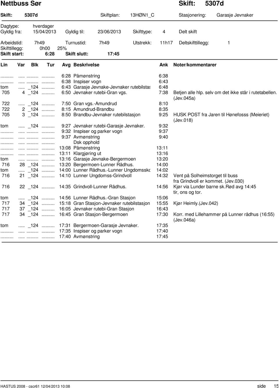 .. 6:50 Jevnaker rutebi-gran vgs. 7:38 Betjen alle hlp. selv om det ikke står i rutetabellen. (Jev.045a) 722... _124... 7:50 Gran vgs.-amundrud 8:10 722 2 _124... 8:15 Amundrud-Brandbu 8:35 705 3 _124.