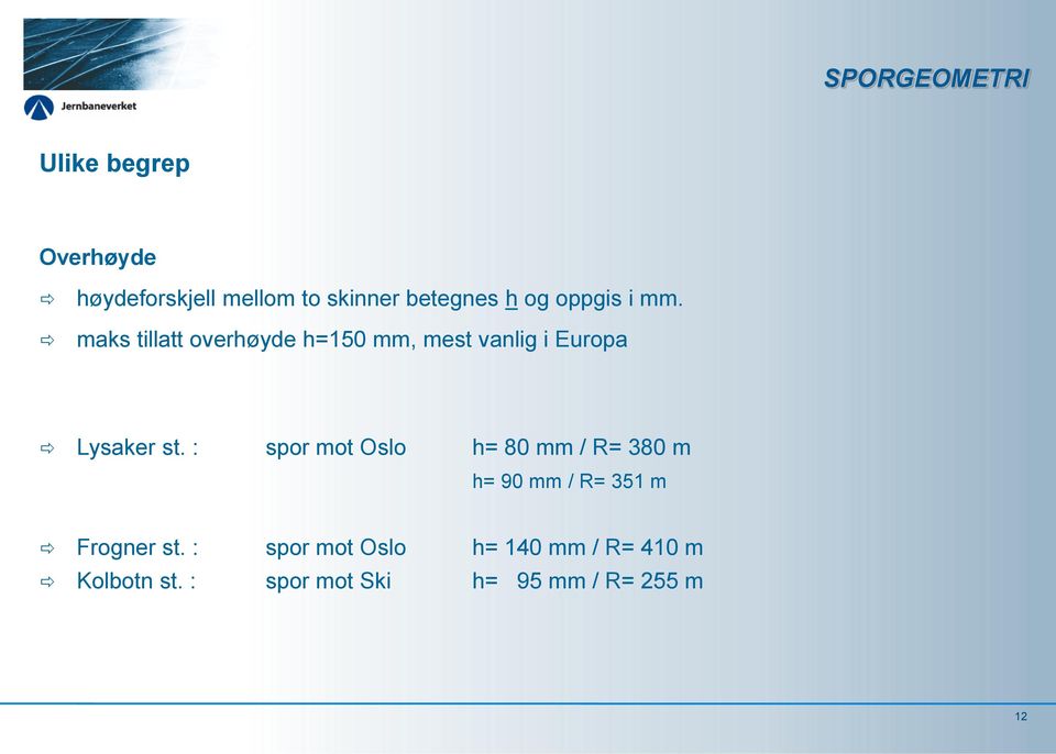 maks tillatt overhøyde h=150 mm, mest vanlig i Europa Lysaker st.