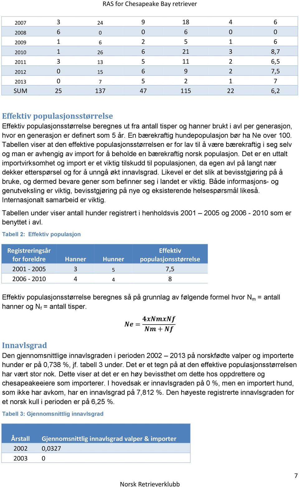 Tabellen viser at den effektive populasjonsstørrelsen er for lav til å være bærekraftig i seg selv og man er avhengig av import for å beholde en bærekraftig norsk populasjon.