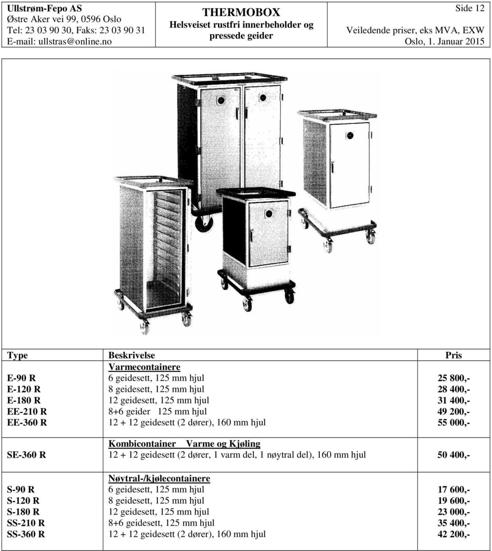 Kombicontainer Varme og Kjøling SE-0 R 12 + 12 geidesett (2 dører, 1 varm del, 1 nøytral del), 10 mm hjul 0 00,- Nøytral-/kjølecontainere S-90 R geidesett, 12 mm hjul 17