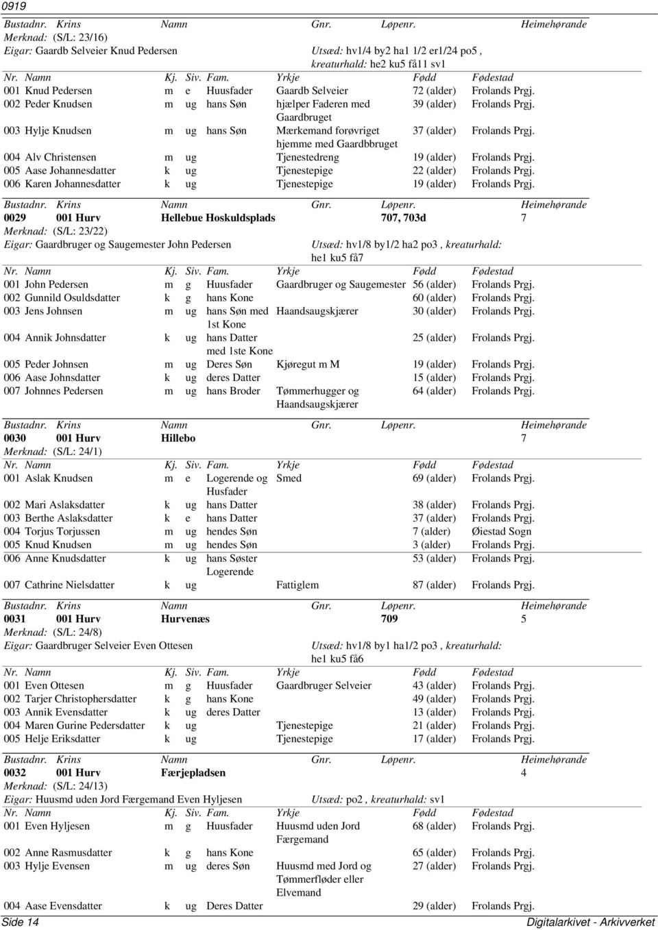 hjemme med Gaardbbruget 004 Alv Christensen m ug Tjenestedreng 19 (alder) Frolands Prgj. 005 Aase Johannesdatter k ug Tjenestepige 22 (alder) Frolands Prgj.