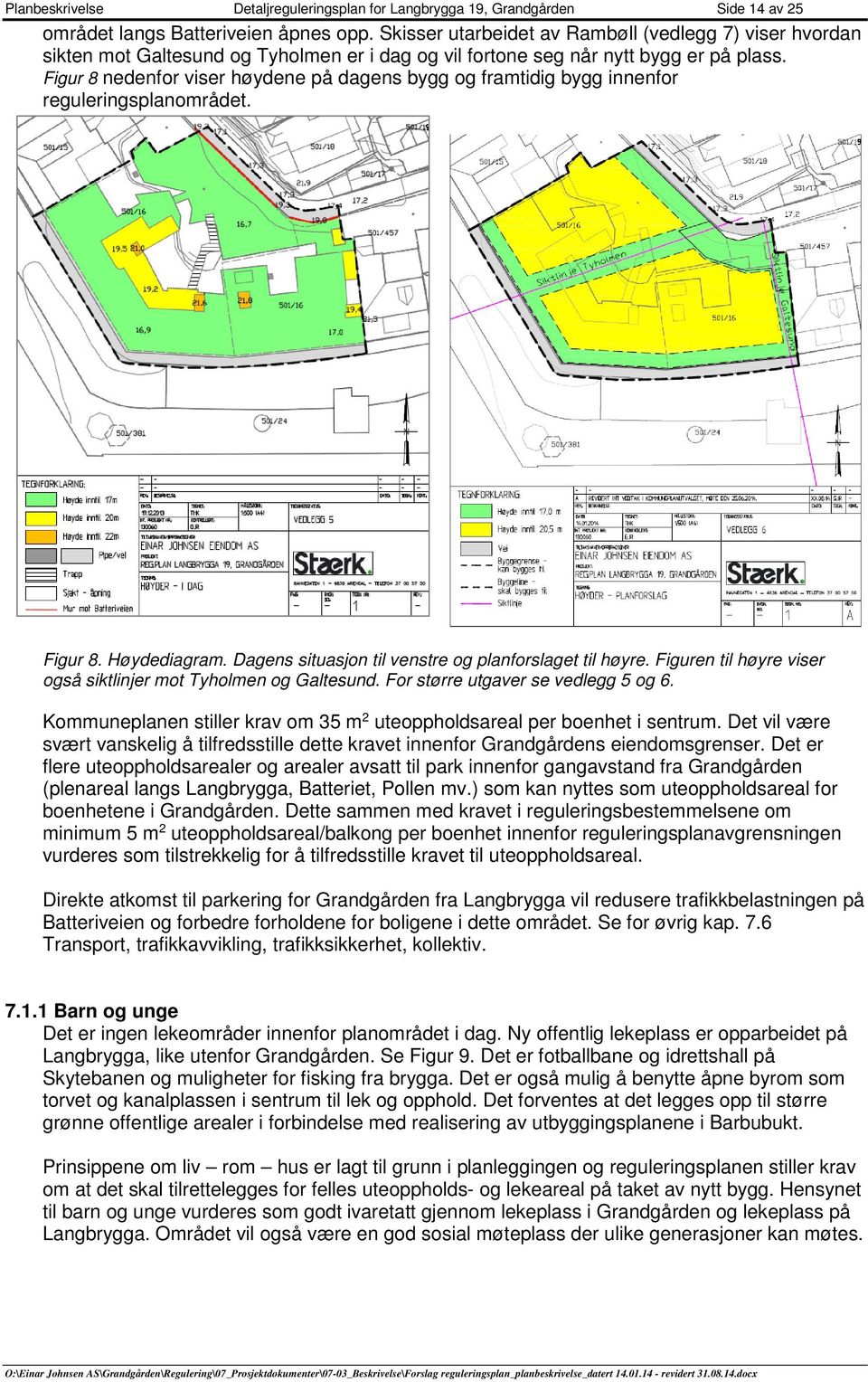 Figur 8 nedenfr viser høydene på dagens bygg g framtidig bygg innenfr reguleringsplanmrådet. Figur 8. Høydediagram. Dagens situasjn til venstre g planfrslaget til høyre.