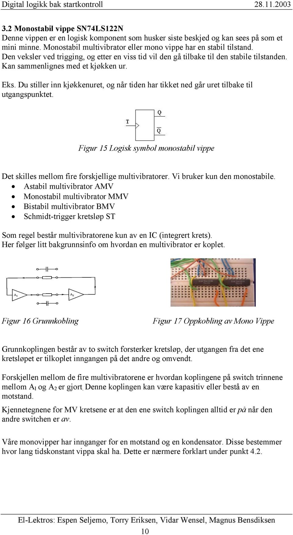 Du stiller inn kjøkkenuret, og når tiden har tikket ned går uret tilbake til utgangspunktet. Figur 15 Logisk symbol monostabil vippe Det skilles mellom fire forskjellige multivibratorer.